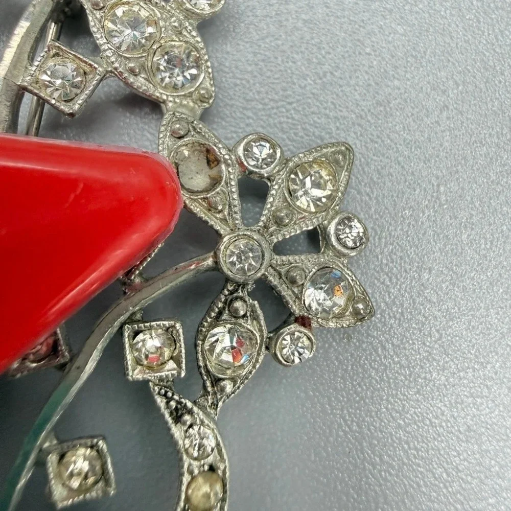 Vintage Pot Metal Floral Rhinestone Brooch c. 1940s Silver Tone Extra Large